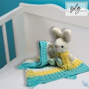 Baby Lovey Small Security Blanket Soft Yellow White Aqua Crochet Bunny Rabbit